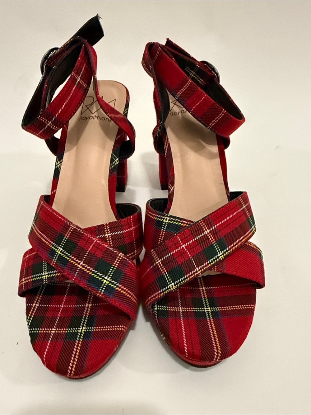 Plaid Red Crisscross Ankle-Strap Heels